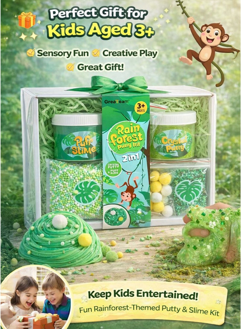GreaTeam Rain Forest Putty Kit 2-in-1 Crystal Putty and Puff Slime Sensory Toy Kids DIY Slime Set Age 3 Years+ with Mixing Shaping Stretching Decorating Fun 235g Crystal Putty, 160g Puff Slime, Green Glitter 3g, Round Glitter/Green Confetti 3g, Green Tube Beads 5g, Assorted Accessories 5g, 12 Pompon Balls, Foam Beads Bag Baby Creative Play, Stress Relief, Party Favor, Birthday Gift, School Activity, Arts & Crafts Toy for Boys Girls - Image 5